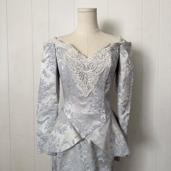 Vintage 80s Scott McClintock Jacquard Ice Blue Victorian Peplum Dress Sz 6 - Picture 2 of 8